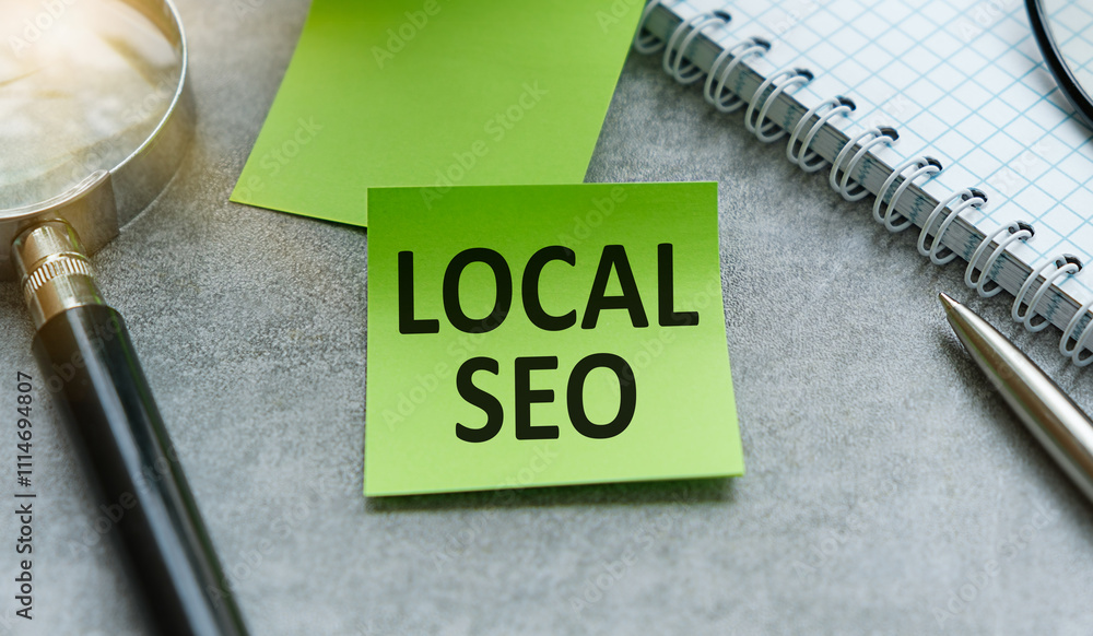 Aufkleber local seo text on a sticky on the graph background with pen and magnifier