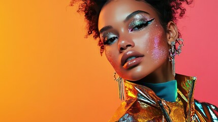 A bold fashion editorial shot of a model with glitter makeup, wearing futuristic metallic clothing and bold jewelry pieces.