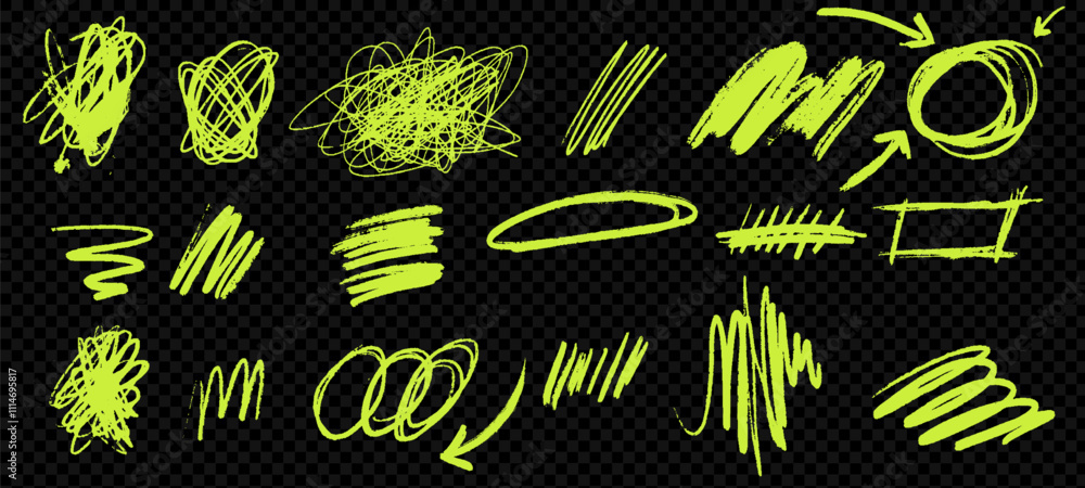 Poster set of acid green scribble lines and strokes. includes arrows, swirls, and squiggly shapes drawn wit