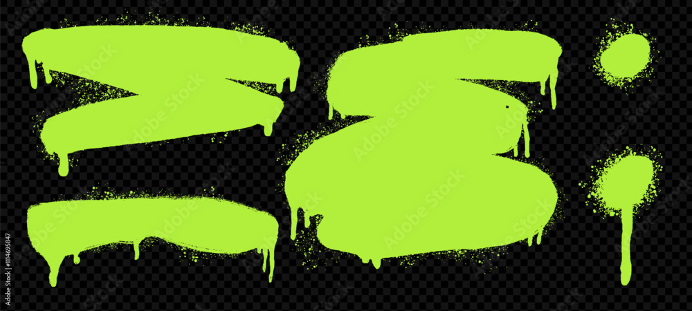 Poster Set of acid green spray splatters and drips. Vector ink splashes, blobs, and stains in grunge style. Includes isolated spots, circles, squares, and brush strokes.