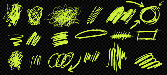 Set of acid green scribble lines and strokes. Includes arrows, swirls, and squiggly shapes drawn with pen, pencil, and marker.