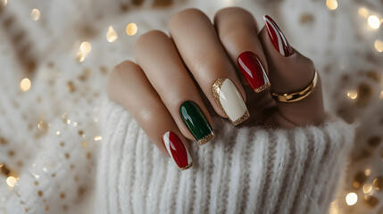 A close-up of elegantly manicured nails featuring festive colors and designs.
