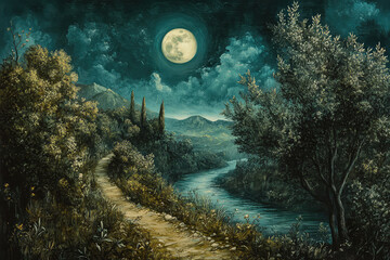 Full moon Night with river and tree vector illustrations 