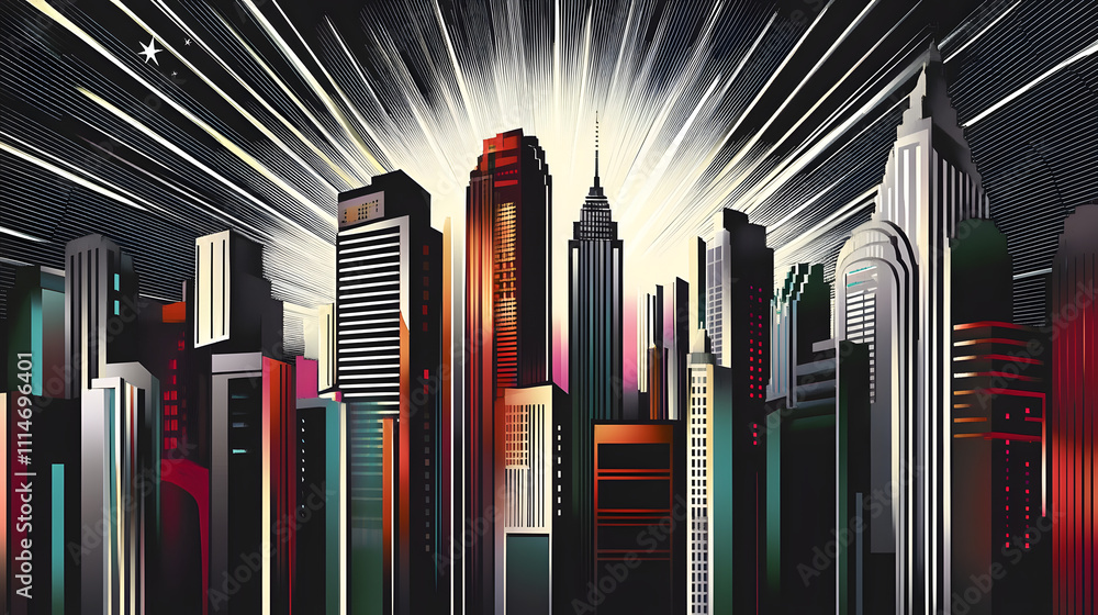 Poster deco skyline with starburst and linear patterns