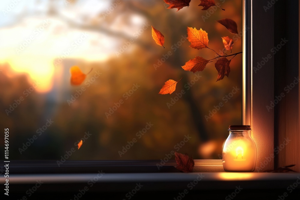 Poster a jar with a candle inside is lit in front of a window with leaves blowing in th
