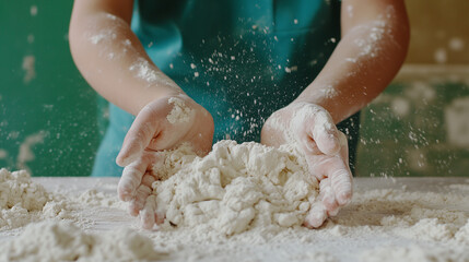 Fototapeta premium hands expertly kneading dough on a floured surface.