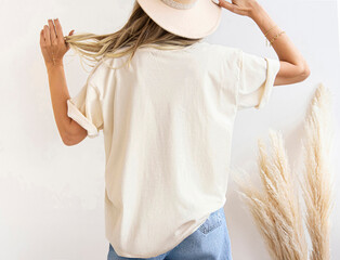 Young girl wearing blank back  soft cream t shirt , ivory back t shirt mock up. Tshirt template 