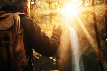 Fototapeta premium An adventurous explorer reaches a majestic waterfall, bathed in shimmering sunlight amidst a dense forest, capturing the spirit of discovery and wonder.