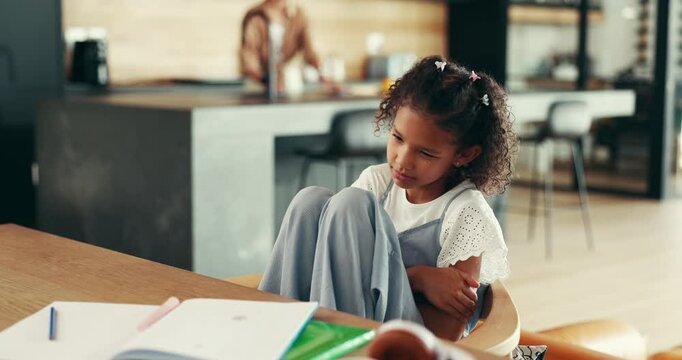 Bored, child and education with books at house of learning disability, assessment burnout and challenge. Sad, girl and depression of dyslexic anxiety, studying adhd and thinking of knowledge at house