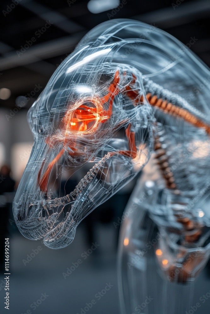 Aufkleber a translucent skeletal dinosaur structure with a glowing red core, showcasing an intriguing fusion o
