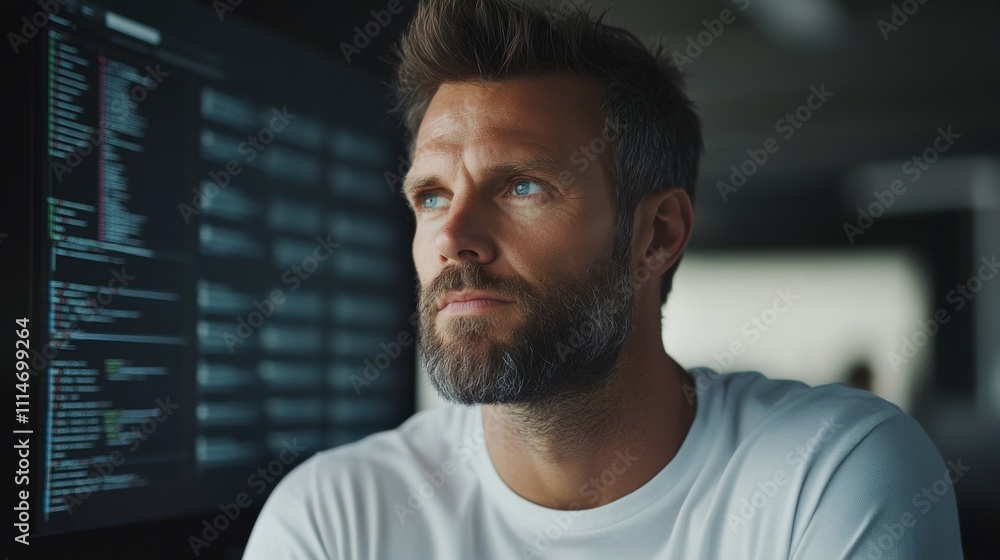 Aufkleber a thoughtful man in a modern lab environment, analyzing code on a screen, representing focus and con