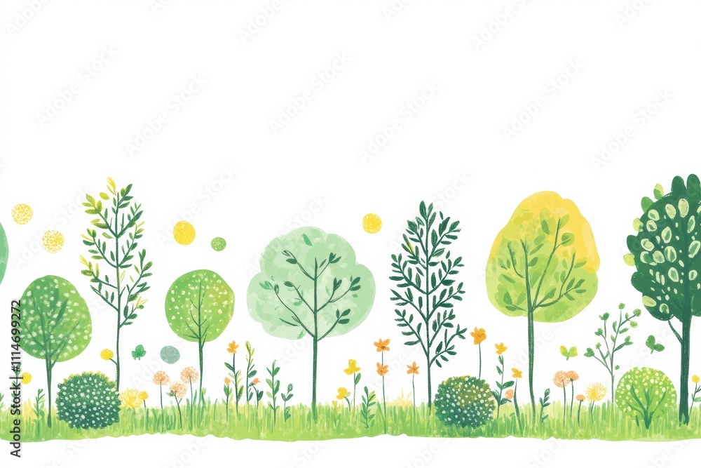 Poster lush trees with green leaves and colorful blooming bushes fill the space, creating a cheerful atmosp