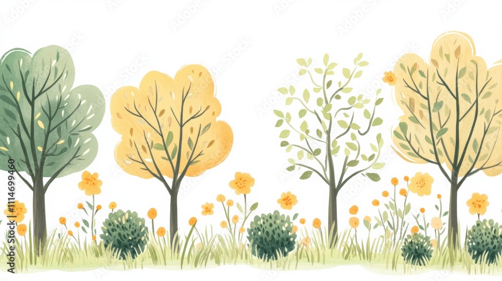 Poster a playful representation of lush trees and colorful bushes under a clear sky, inviting a sense of tr