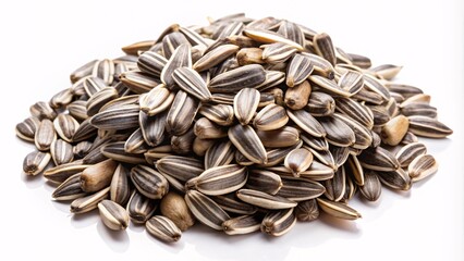 Sunflower seeds scattered on a white background