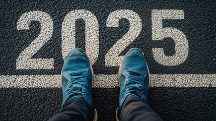 Starting to new year, text 2025 written on asphalt road and a man preparing for the new year. Concept of challenge, career path, planning, goal, new year resolution. Generative AI
