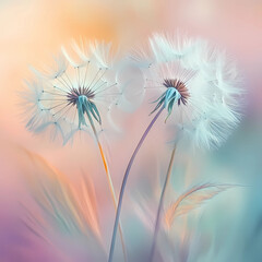 Obraz premium Dandelion Fluff on a Soft Pastel Background - A Duplicate Serenity