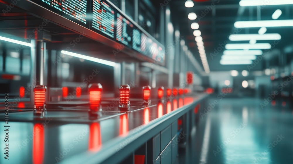 Poster a futuristic technology laboratory featuring a sleek and advanced design, highlighted by glowing red