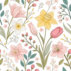 Obraz premium Hand drawn colorful spring floral pattern design