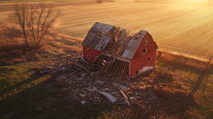 Destroyed red barn collapsing after hurricane or flood at sunset