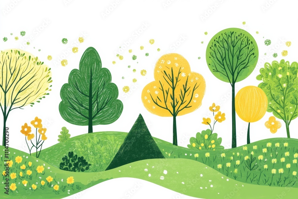 Poster fresh green trees and blooming bushes create a whimsical atmosphere in this doodle, inviting peace a