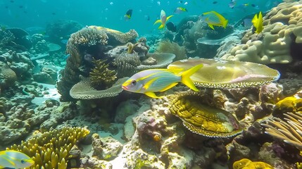 Naklejka premium Coral reef snorkeling diving adventure vibrant corals tropical fish and colorful fish species Explore a thriving marine ecosystem and capture the beauty of underwater wildlife and coral formations