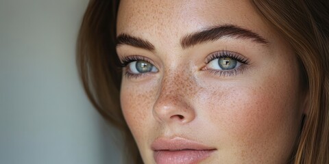 Fototapeta premium Captivating close-up of a young woman with striking blue eyes and natural beauty in a soft light setting