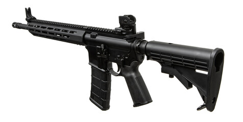 Modern AR-style rifle with a lightweight modular design, black matte finish, adjustable stock,...