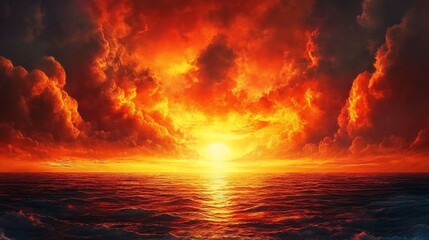 Fototapeta premium Fiery sunset over a dramatic ocean, with intense red and orange clouds.