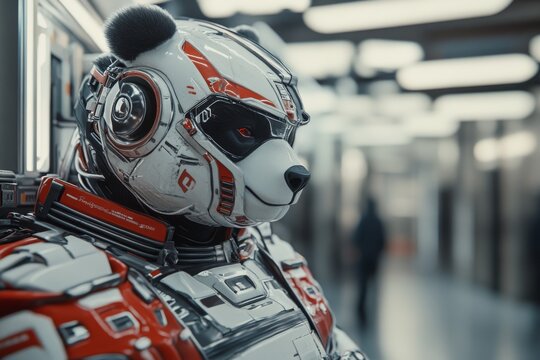 A digital rendering of a futuristic robot wearing panda-themed exoskeleton armor in a modern tech setting, symbolizing innovation, technology, and animal attributes.