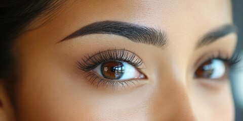 Fototapeta premium Captivating close-up of expressive brown eyes reflecting light and beauty with perfectly groomed eyebrows