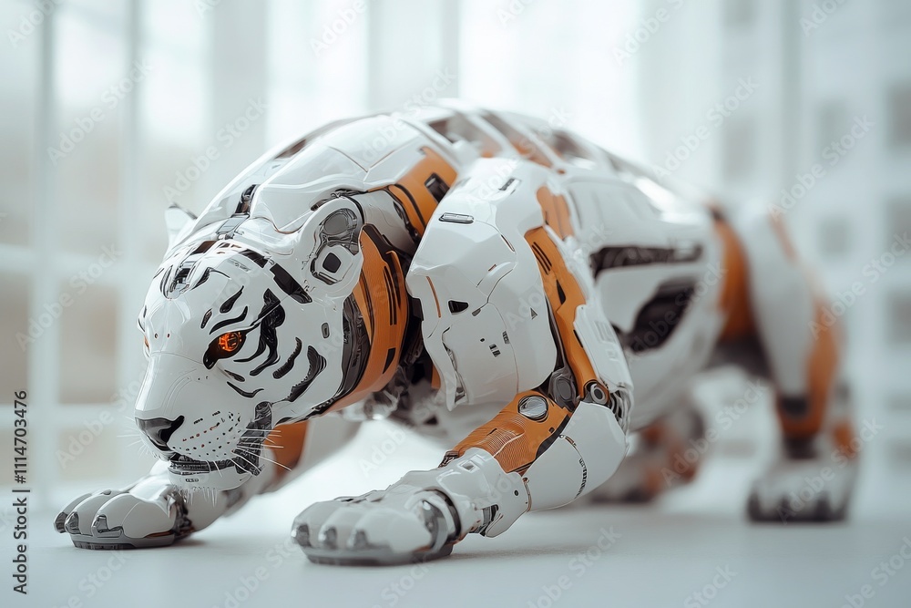 Poster a digitally constructed robotic tiger poised to pounce, blending animalistic features with cutting-e
