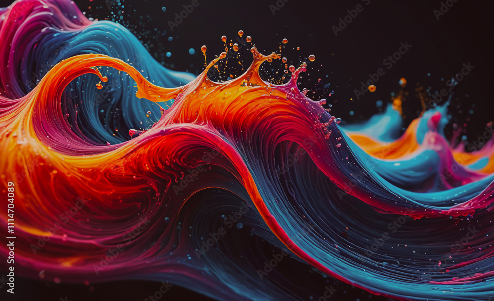 Poster vibrant and dynamic wave with splashes of blue and red colors. the splashes are scattered throughout