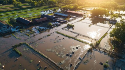 Flood covering farm and animals after hurricane disaster