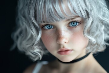 Piercing blue eyes of a young girl with curly blonde hair