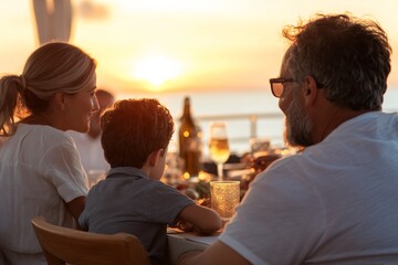 A family enjoys an outdoor dining experience at a seaside restaurant, witnessing a golden sunset over the ocean, creating cherished moments of togetherness and tranquility.