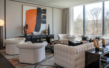 Modern living room design features white furniture and abstract art in a bright, spacious...