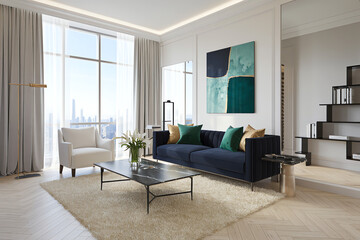 Fototapeta premium Modern chic living room with panoramic city view featuring elegant furniture and contemporary decor