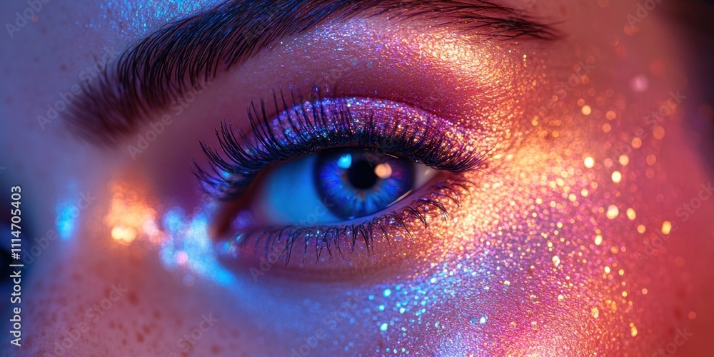 Poster mesmerizing close-up of a sparkling eye illuminated by vibrant colors during a nighttime event