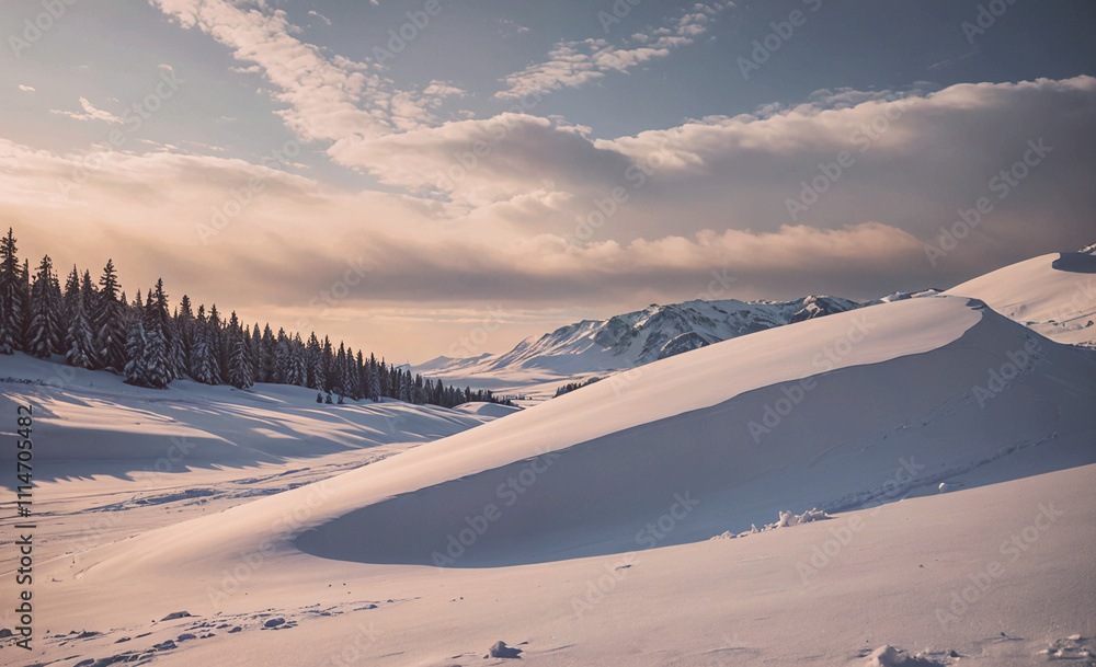 Poster snowy mountain range with a snow covered hill. the sky is cloudy and the sun is setting
