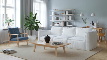 Fototapeta premium Modern interior design featuring a minimalist living room with a white fabric sofa, green plants, and wooden furniture in a bright space