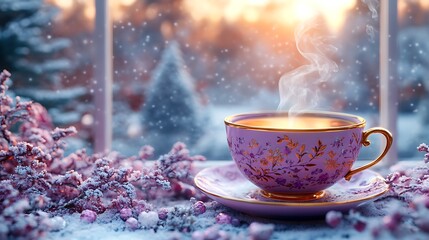 Fototapeta premium Elegant winter scene featuring a purple tea cup with scenic beauty picture