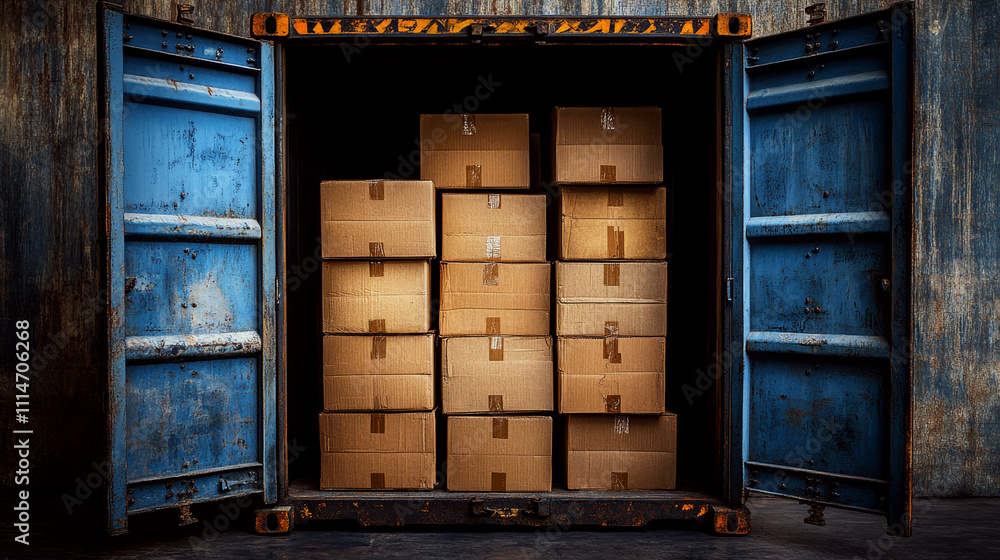 Poster cardboard boxes stacked inside an open blue shipping container. concept of storage and distribution.