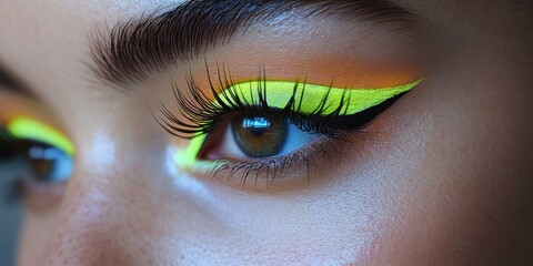 Bright neon eyeliner accentuating striking eyes during a vibrant makeup session in a modern studio