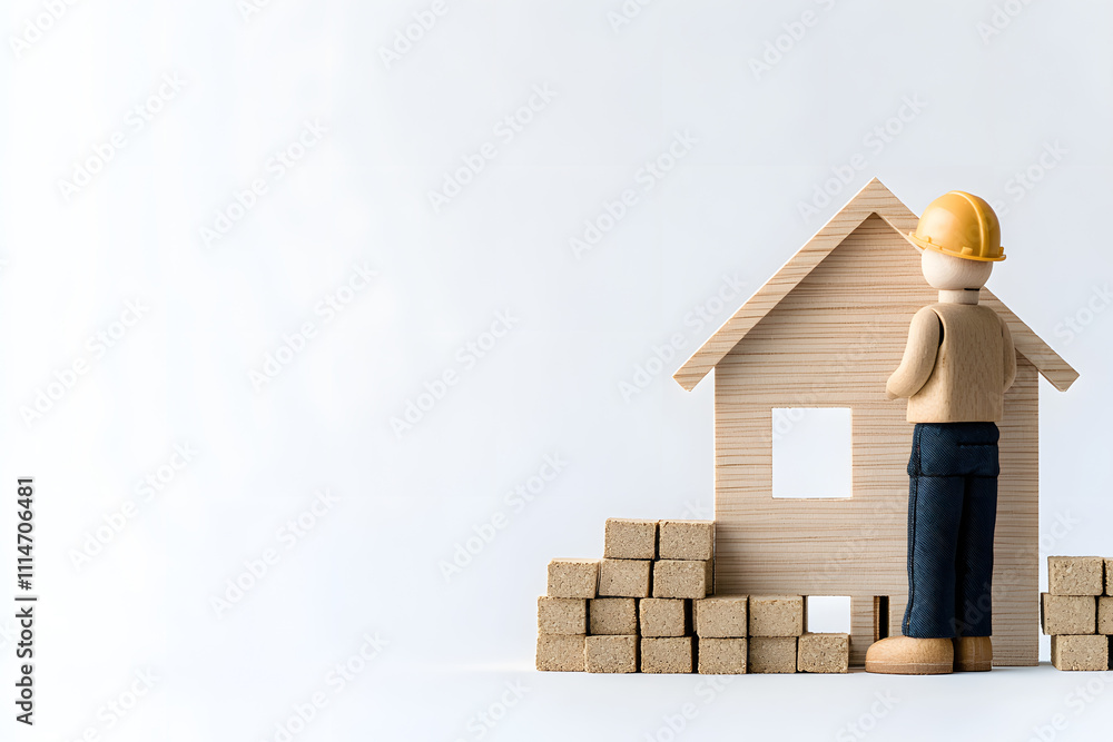 Poster wooden mannequin building an incomplete house - creative representation of construction and architec