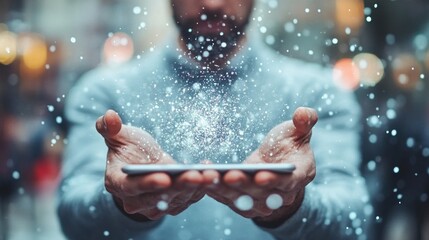 A man extends his hands forward, presenting a smartphone that radiates sparkling digital effects in an imaginative display, symbolizing technology's magic and possibilities.