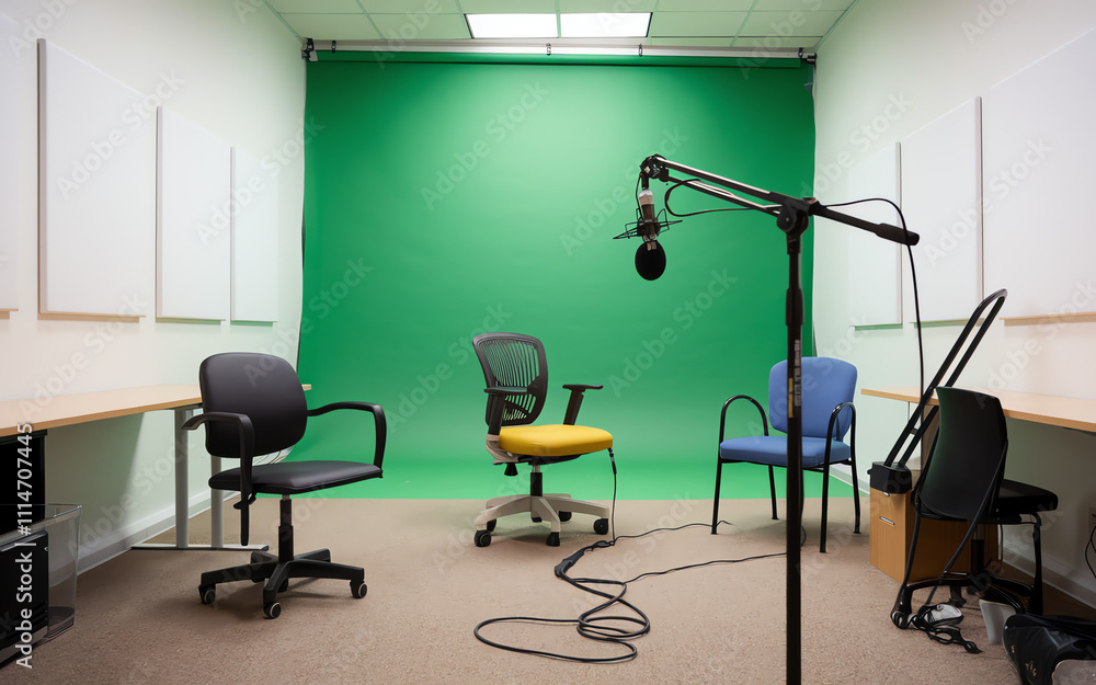 Poster green screen studio setup with various chairs and microphone ready for recording sessions in a quiet