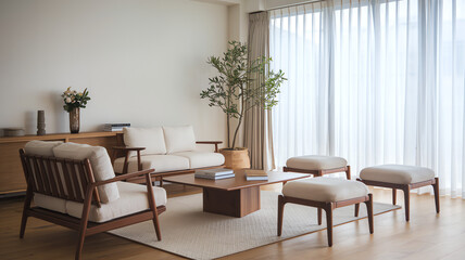 Fototapeta premium Modern living room featuring minimalistic furniture and natural light in a serene setting