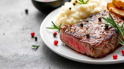 A delicious plate featuring steak, mashed potatoes, and grilled vegetables garnished with herbs.