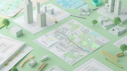 An urban planner's workspace with city maps, 3D models, and planning permit documents on a light green surface