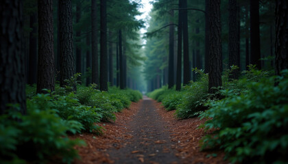Fototapeta premium A path winds through a dense mystical forest lined with tall trees and lush undergrowth.